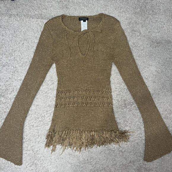 Vintage Keyhole Gold Metallic Fringe Bell Sleeve Knit Y2K Sz L Sweater Festival - Picture 1 of 5